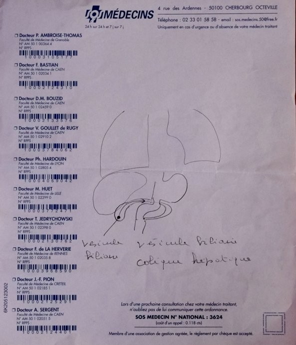 Een echte artist onze SOS dokter ! Diagnose met tekening van een zeer pijnlijk stipje.