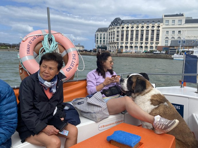 Volle bak in het pontje naar Trouville.